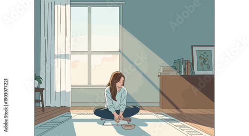 Young woman sitting on floor, bathed in sunlight from window, peaceful indoor scene