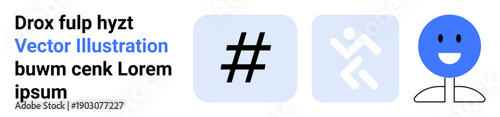 Bold metadata tag, abstract running figure, and simple blue happy face, presented in distinct boxes. Ideal for social media, movement, positivity, branding, digital concepts teamwork simple landing