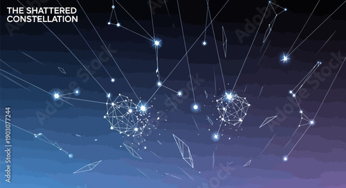 Shattered constellation stars and lines in dark blue background with glowing points
