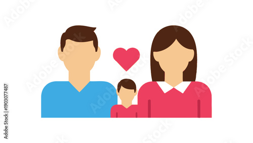 Nuclear Family Flat Icon: Parents, Child, and Heart Symbol. Modern Vector Illustration for Love, Parenthood, and Relationship Concepts.