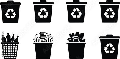Black recycling bin icons set with waste management symbols for plastic bottles, paper, and cardboard boxes, environmental sustainability vector graphics,
