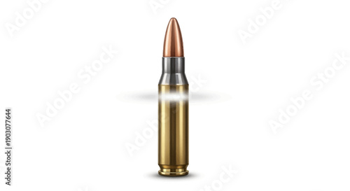 Detailed close-up of a single metallic rifle bullet cartridge standing upright on a white
