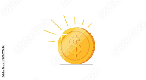 Bright shining golden dollar coin icon on a clean white background representing financial