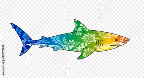 Dynamic and artfully decorated shark featuring a bright rainbow of floral and tropical patterns