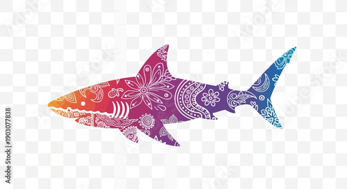 Vibrant artistic shark illustration featuring intricate paisley patterns and a captivating color