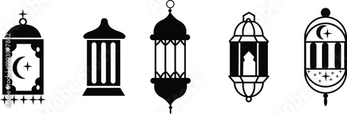 Ramadan lantern vector set collection group of Islamic lamp icons, fanous light symbols isolated on transparent background, outline minimalist editable decoration