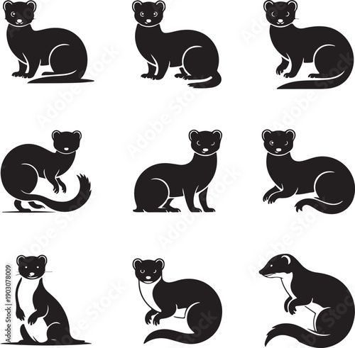 black silhouette illustrations of various ferret poses