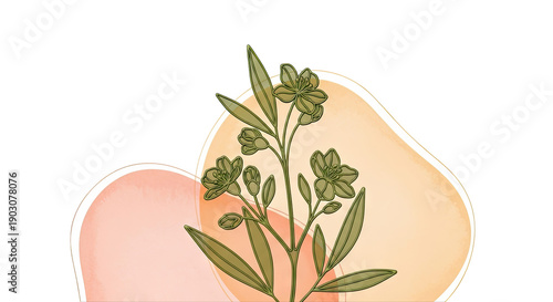 Botanical Illustration of Green Flowers on Abstract Pastel Background