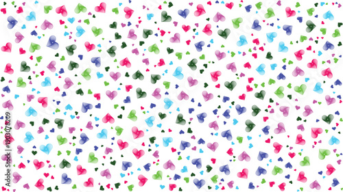 A vibrant scattering of colorful heart shapes and confetti isolated on a clean white background