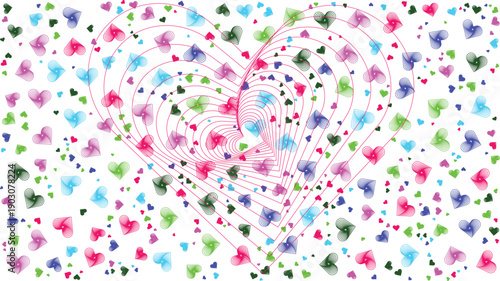 Vibrant abstract heart shapes in a dynamic swirling pattern on a white background