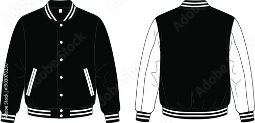Black and white varsity jacket front and back view illustration isolated on white background, classic bomber college outerwear design for fashion mockups branding