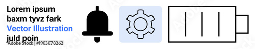 Notification bell, gear icon in blue square, and battery indicator in minimal design. Ideal for alerts, technology, app settings, user interface, energy, system status simple landing page