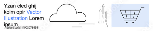 Cloud computing, data transfer, e-commerce, online business, digital transformation, cloud solutions. Minimalistic cloud icon, upward data arrows shopping cart graphic. Cloud computing