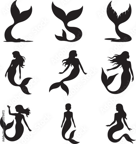 Black silhouettes of mermaids and mermaid tails on white background