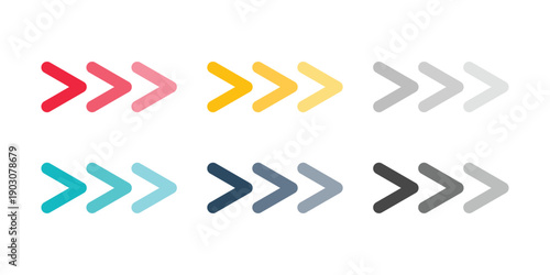 Gradient chevron right arrows in various colors for user interface navigation and progression indicators. Vector set. Transparent Background.