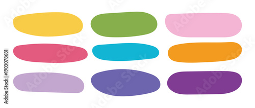 A collection of nine abstract, rounded, irregular horizontal blob shapes in various solid colors, suitable for graphic design elements. Vector Set. Transparent Background.
