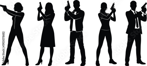 Black silhouettes of secret agents and police officers holding handguns, men and women in action poses for security and crime design,