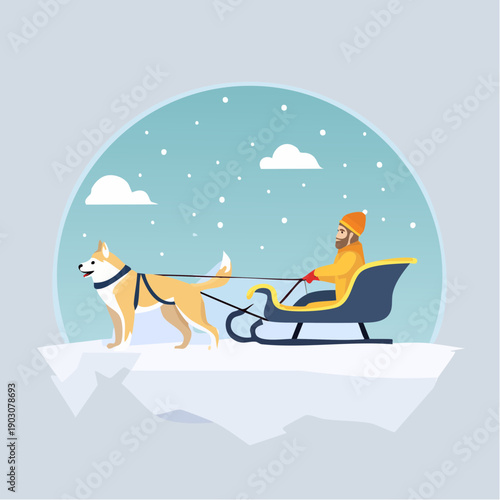 Man and dog pulling a sled in snow