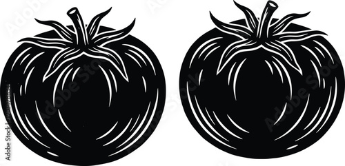 Black tomato silhouette icons, fresh vegetable vector graphics, organic farm produce symbols, garden harvest elements for cooking and healthy food design,