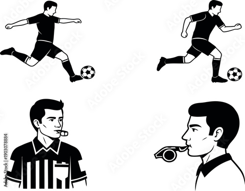 Soccer referee and player illustrations with whistle and ball control