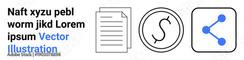 Collaboration, finance, documents, digital sharing, business processes, information exchange. A document, a dollar symbol and a share icon. Collaboration and finance showcased through simple visual