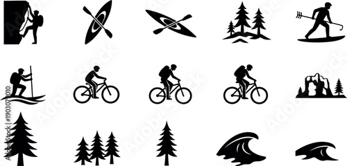 Outdoor adventure icons featuring various sports and nature