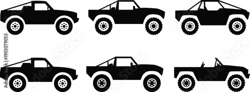 Collection of six black silhouette of off-road vehicles and trucks with large tires and rugged presented in a grid layout