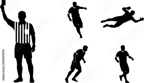 Soccer referee and player illustrations with whistle and ball control