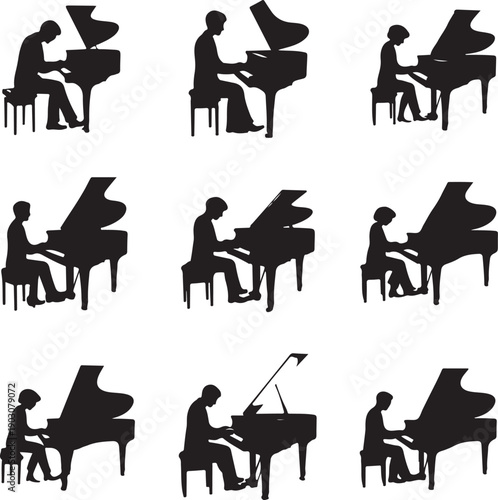 black silhouettes of people playing grand pianos