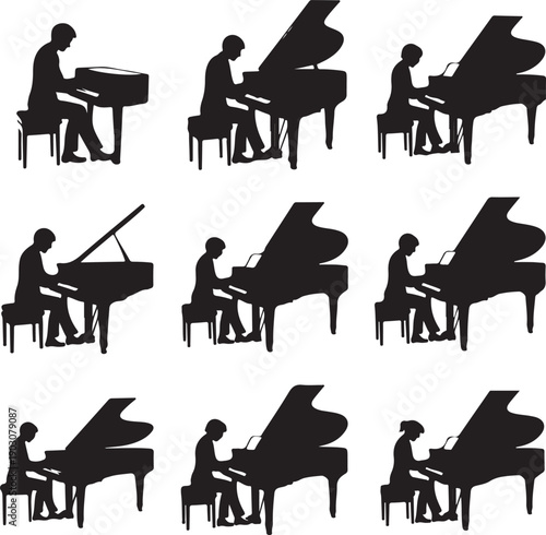 black silhouettes of people playing grand pianos