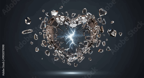 Shattered heart made of crystals explodes in dark space with bright light