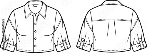 Detailed black and white line of a cropped long-sleeved collared shirt with button front and adjustable sleeve tabs, front and back views