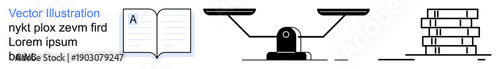 Education, justice, knowledge, legal studies, balance, learning tools. Open book, scales of justice and stacked books in minimalist design. Education and justice clearly