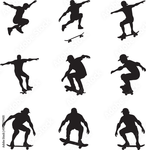 black silhouettes of skateboarders performing tricks