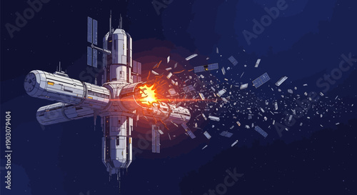 Space station disintegrating in orbit with debris explosion and satellite destruction at night