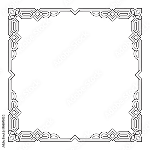A black art deco ornamental frame with intricate geometric patterns.