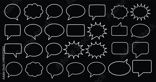 Comic speech bubble set, essential for pop art, retro comics, and cartoon design. Includes explosion shapes, talk balloon templates, and dialogue boxes for creative projects, stickers, and comics