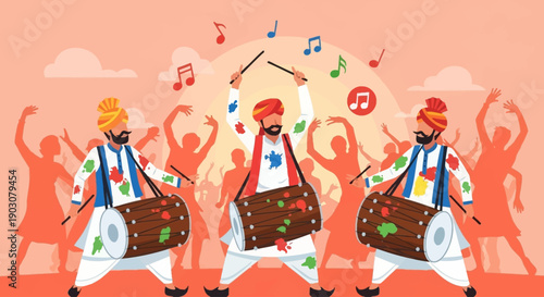 This flat design vector illustration showcases the vibrant energy of Holi drummers playing traditional dhol drums, with dancing figures in the background. 
