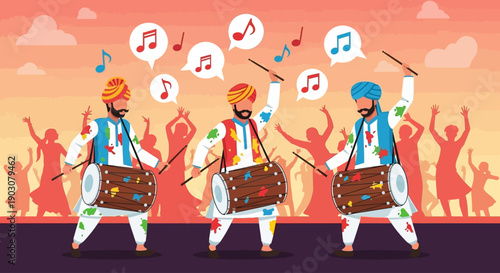This flat design vector illustration showcases the vibrant energy of Holi drummers playing traditional dhol drums, with dancing figures in the background. 