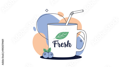 Ceramic mug with fresh juice or smoothie featuring a leaf icon and blueberries on an abstract colored background for healthy lifestyle.