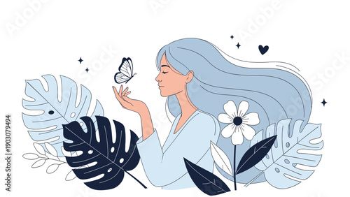 Beautiful young woman with long flowing hair watching a butterfly among tropical leaves and flowers in a calm blue color palette.