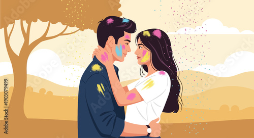 This flat design vector illustration depicts an Indian couple romantically embracing during Holi, their faces gently smeared with colors. It symbolizes love and togetherness amidst the festive celebra