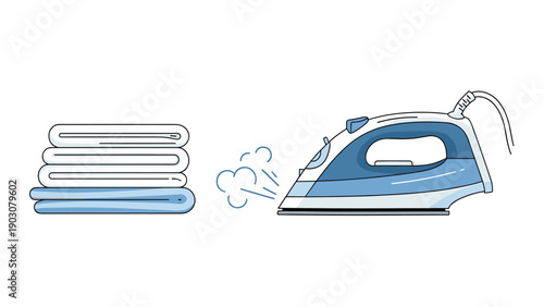 Electric steam iron with blue accents and a stack of freshly folded white and blue clothes isolated on white background for housekeeping.