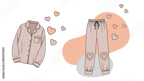 Comfortable pink pajama set consisting of a long sleeved shirt and pants decorated with heart shapes on abstract background.