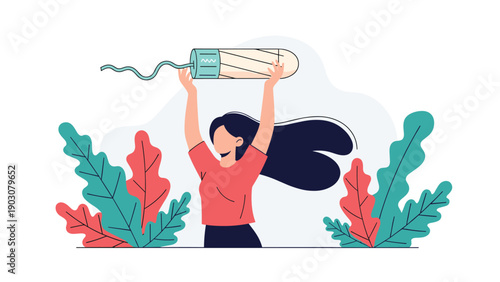 Young woman holding a giant tampon above her head surrounded by leaves for women health and menstruation period awareness.