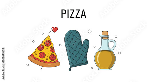Pizza slice with pepperoni and melted cheese next to an oven mitt and a bottle of olive oil for cooking concept on white background.