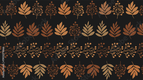 Autumnal seamless pattern with rows of stylized brown leaves and berries on a black background for fall season textile design.