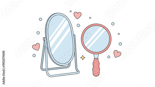 Blue standing vanity mirror and a pink hand mirror surrounded by hearts and bubbles for beauty and self reflection concept.