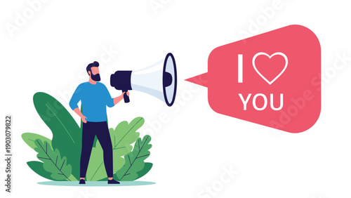 Man with a beard holding a megaphone and shouting an I love you message in a large red speech bubble for confession concept.