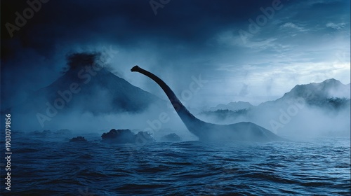 plesiosaur. Plesiosaur emerging from a deep blue prehistoric ocean with a misty volcanic background. wildlife magazines, conservation campaigns, designed for nature documentaries and education.